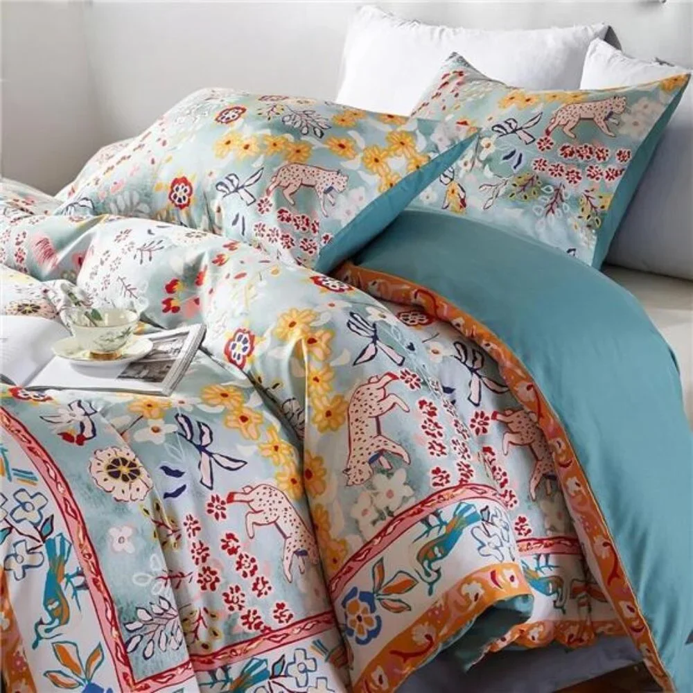 NEW Anthro Blue Jungle Multicolor Boho Queen / King Bedding Duvet & Sham Case